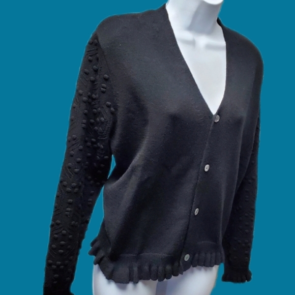 Black Sweater Short Cardigan Puff Pom Sleeves - Picture 13 of 13